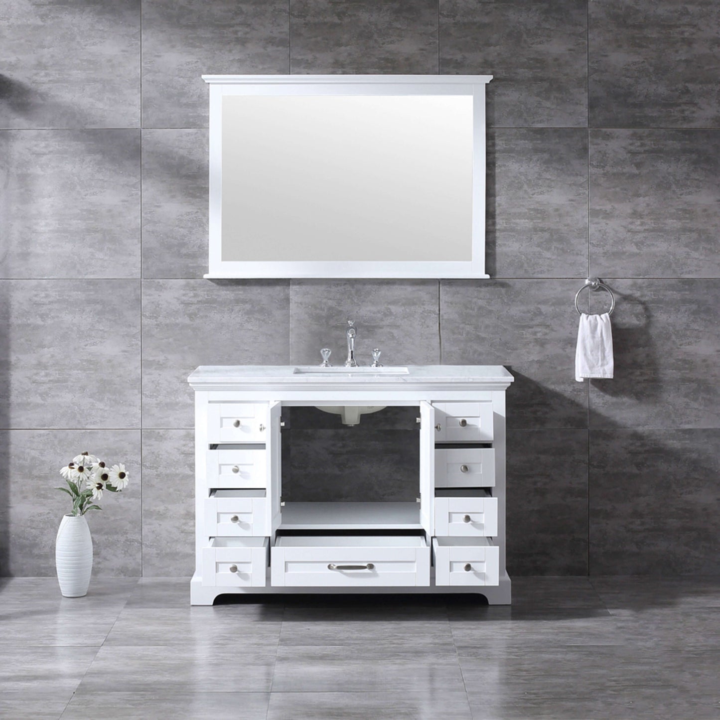 Dukes 48" White Single Vanity, White Carrara Marble Top, White Square Sink and 46" Mirror - LD342248SADSM46