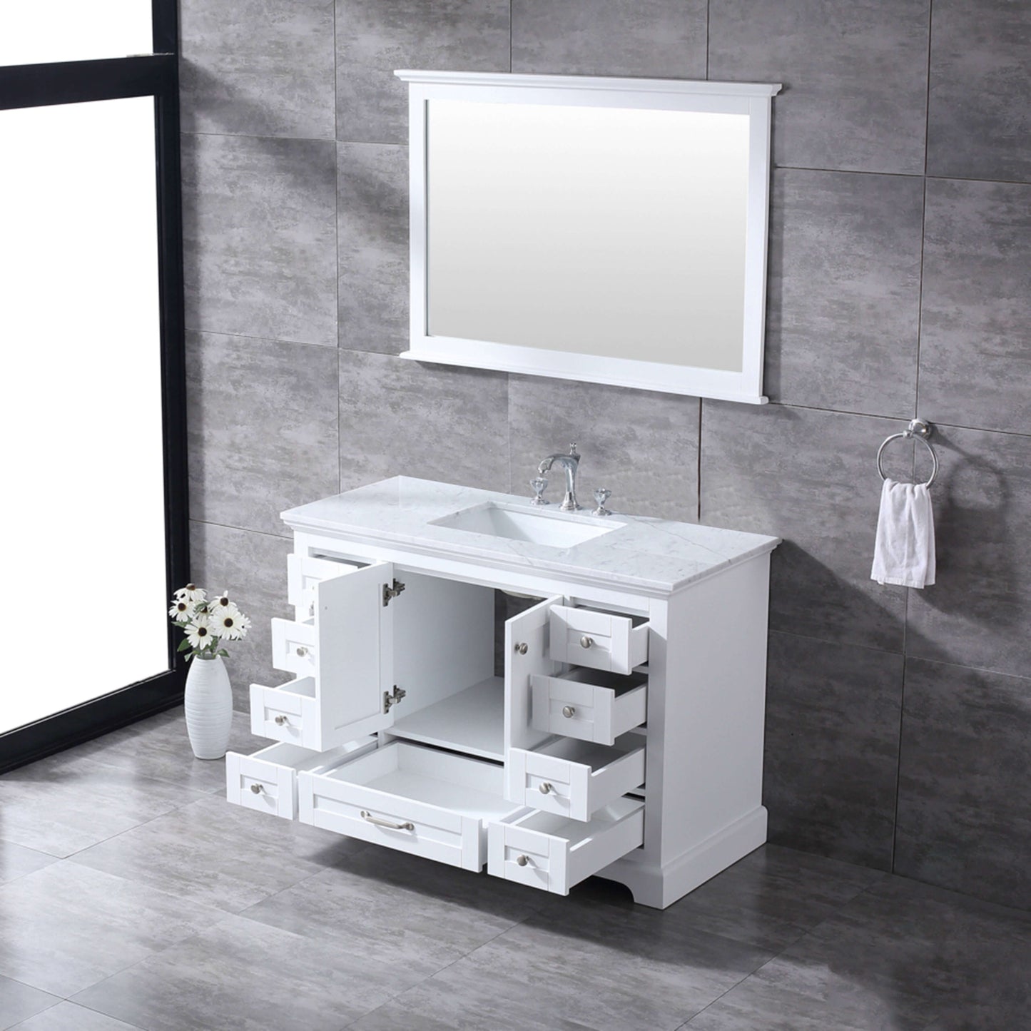 Dukes 48" White Single Vanity, White Carrara Marble Top, White Square Sink and 46" Mirror - LD342248SADSM46