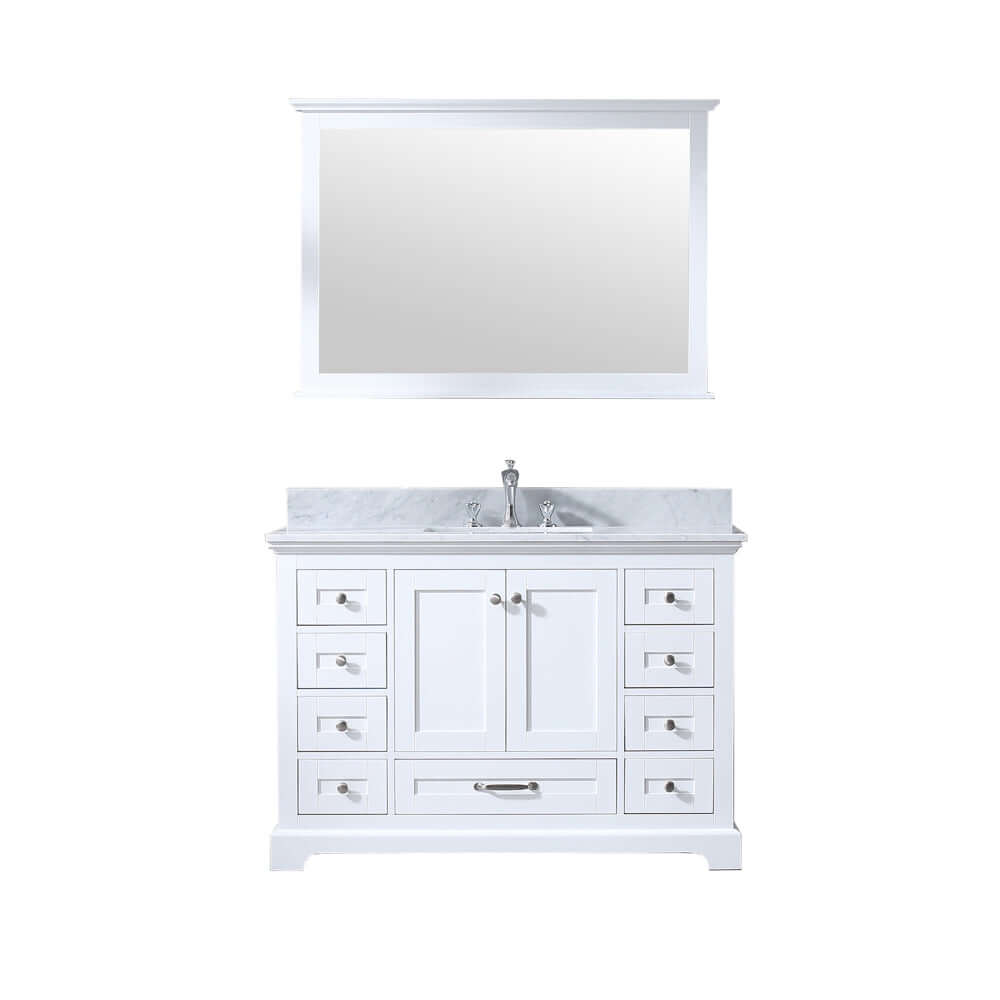 Dukes 48" White Single Vanity, White Carrara Marble Top, White Square Sink and 46" Mirror - LD342248SADSM46