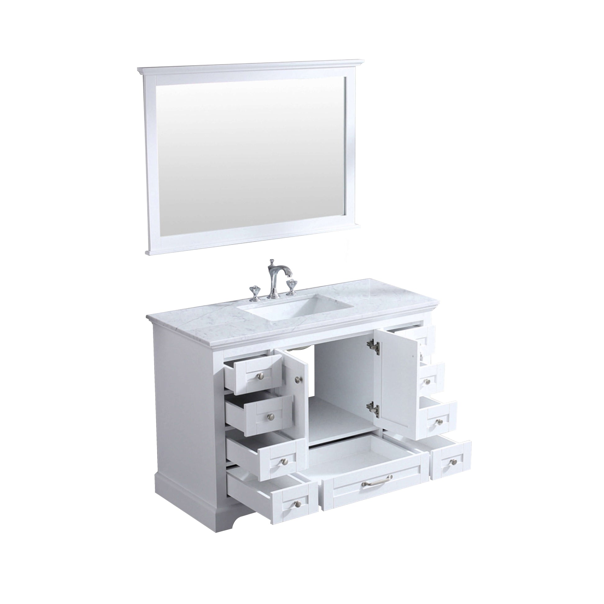 Dukes 48" White Single Vanity, White Carrara Marble Top, White Square Sink and 46" Mirror - LD342248SADSM46