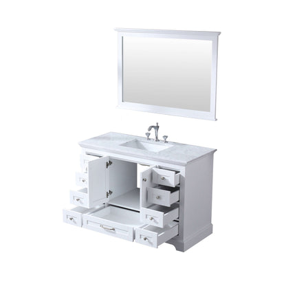 Dukes 48" White Single Vanity, White Carrara Marble Top, White Square Sink and 46" Mirror - LD342248SADSM46