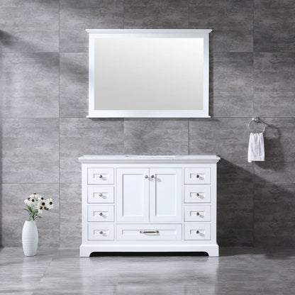 Dukes 48" White Single Vanity, White Carrara Marble Top, White Square Sink and 46" Mirror - LD342248SADSM46