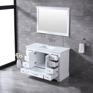 Dukes 48" White Single Vanity, White Quartz Top, White Square Sink and 46" Mirror - LD342248SAWQM46