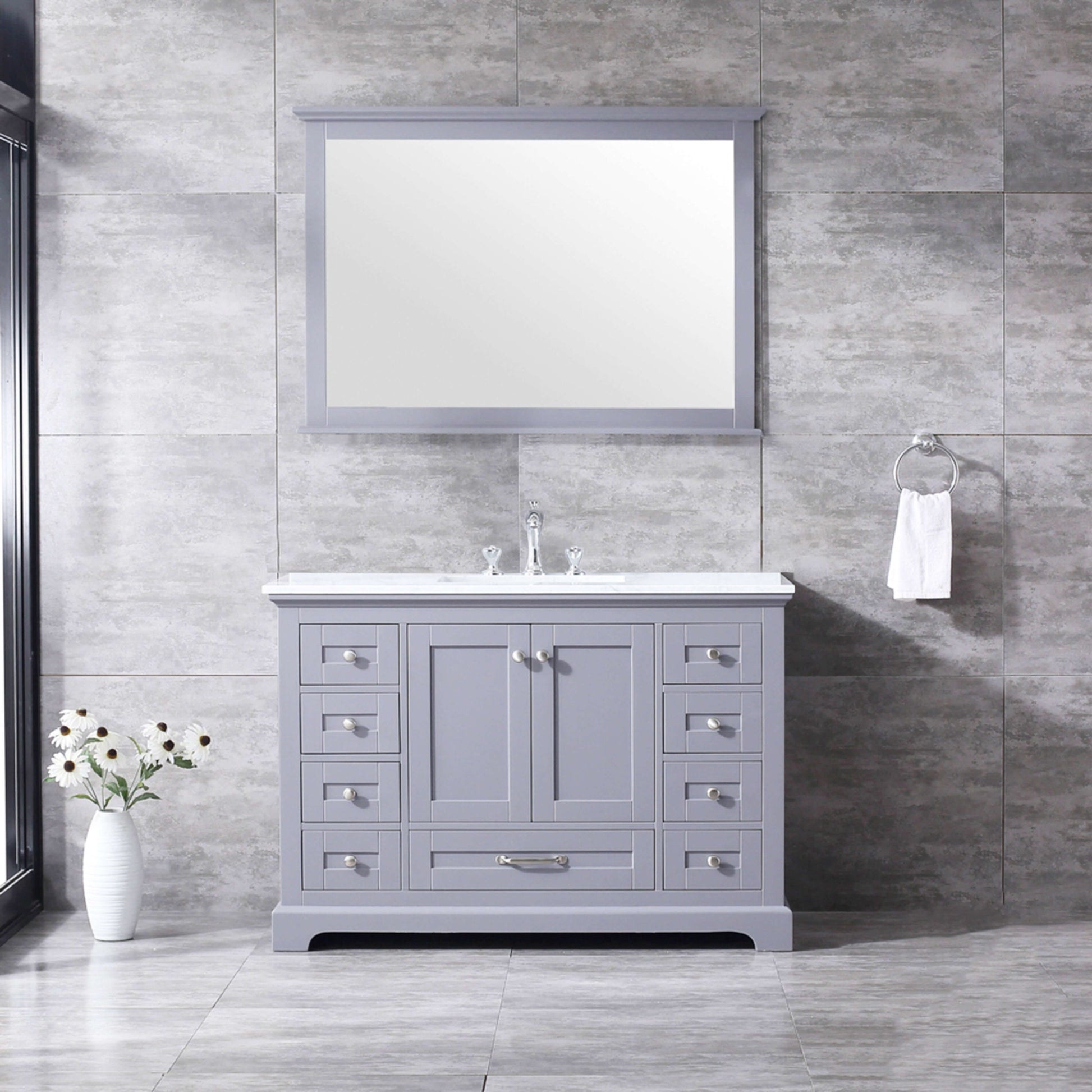 Dukes 48" Dark Grey Single Vanity, White Carrara Marble Top, White Square Sink and 46" Mirror - LD342248SBDSM46