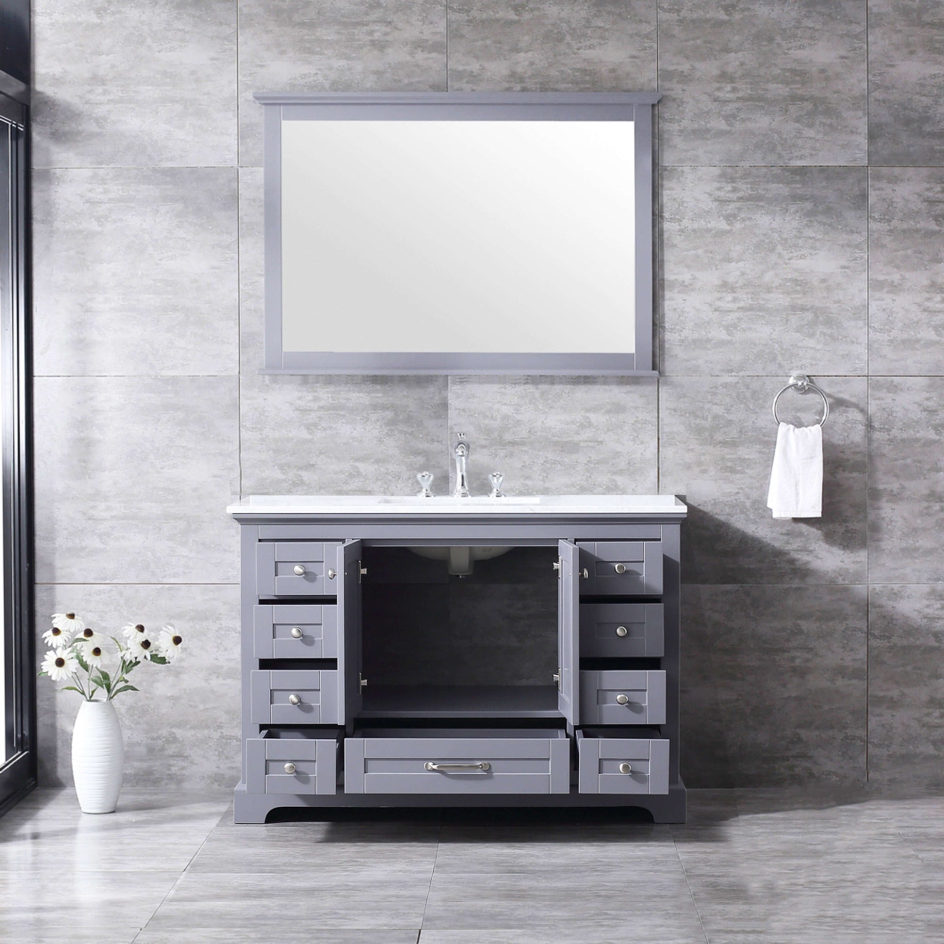 Dukes 48" Dark Grey Single Vanity, White Carrara Marble Top, White Square Sink and 46" Mirror - LD342248SBDSM46