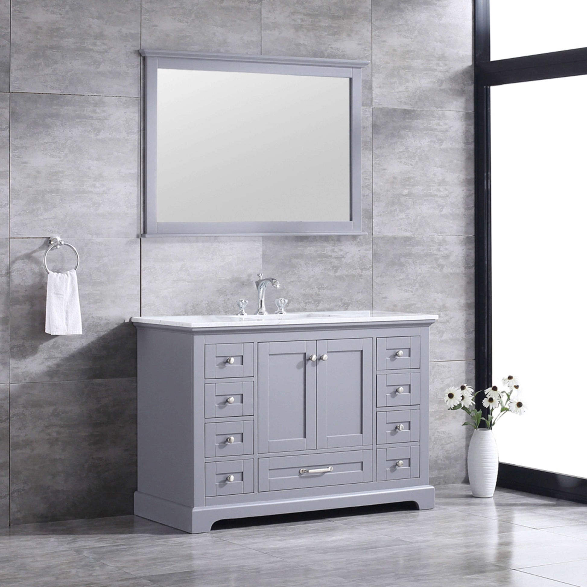 Dukes 48" Dark Grey Single Vanity, White Carrara Marble Top, White Square Sink and 46" Mirror - LD342248SBDSM46