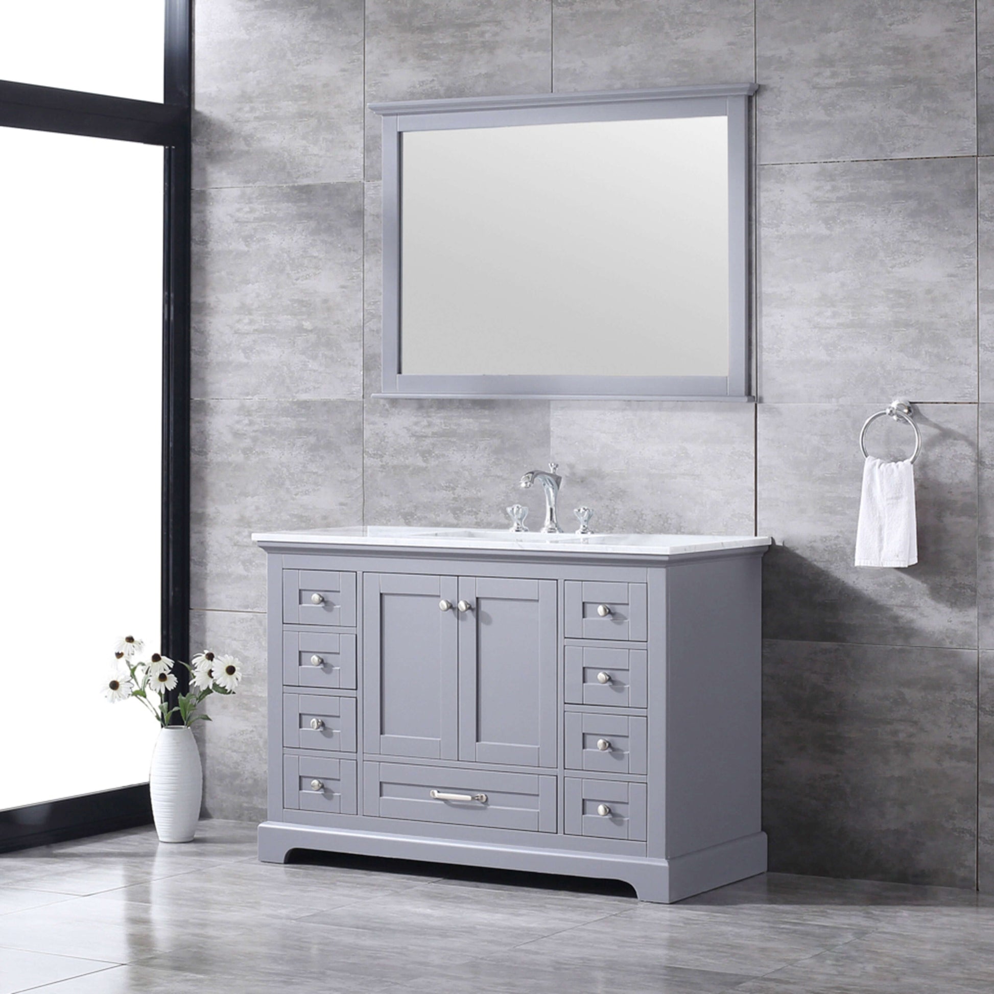 Dukes 48" Dark Grey Single Vanity, White Carrara Marble Top, White Square Sink and 46" Mirror - LD342248SBDSM46