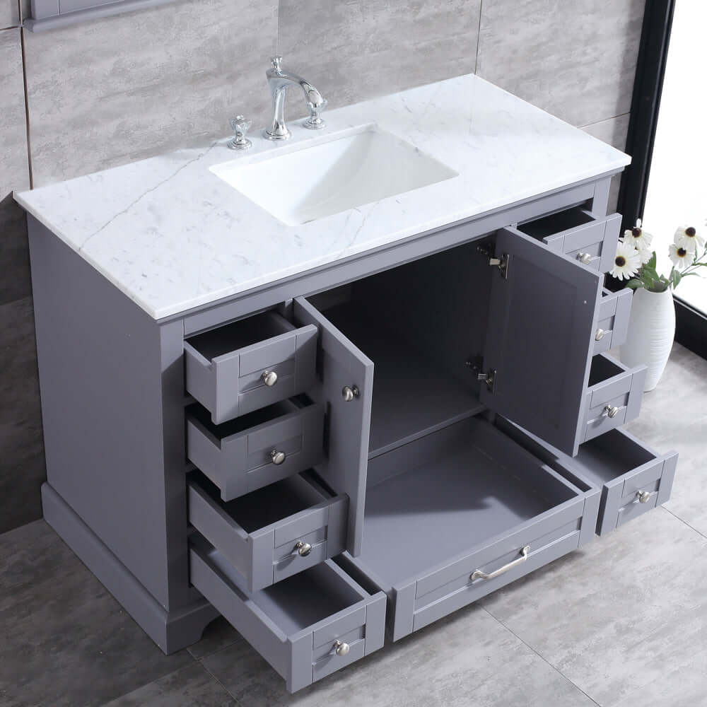 Dukes 48" Dark Grey Single Vanity, White Carrara Marble Top, White Square Sink and 46" Mirror - LD342248SBDSM46