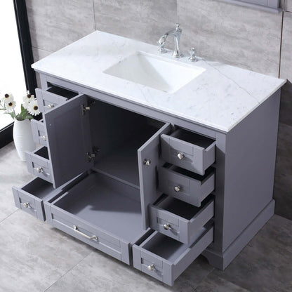 Dukes 48" Dark Grey Single Vanity, White Carrara Marble Top, White Square Sink and 46" Mirror - LD342248SBDSM46