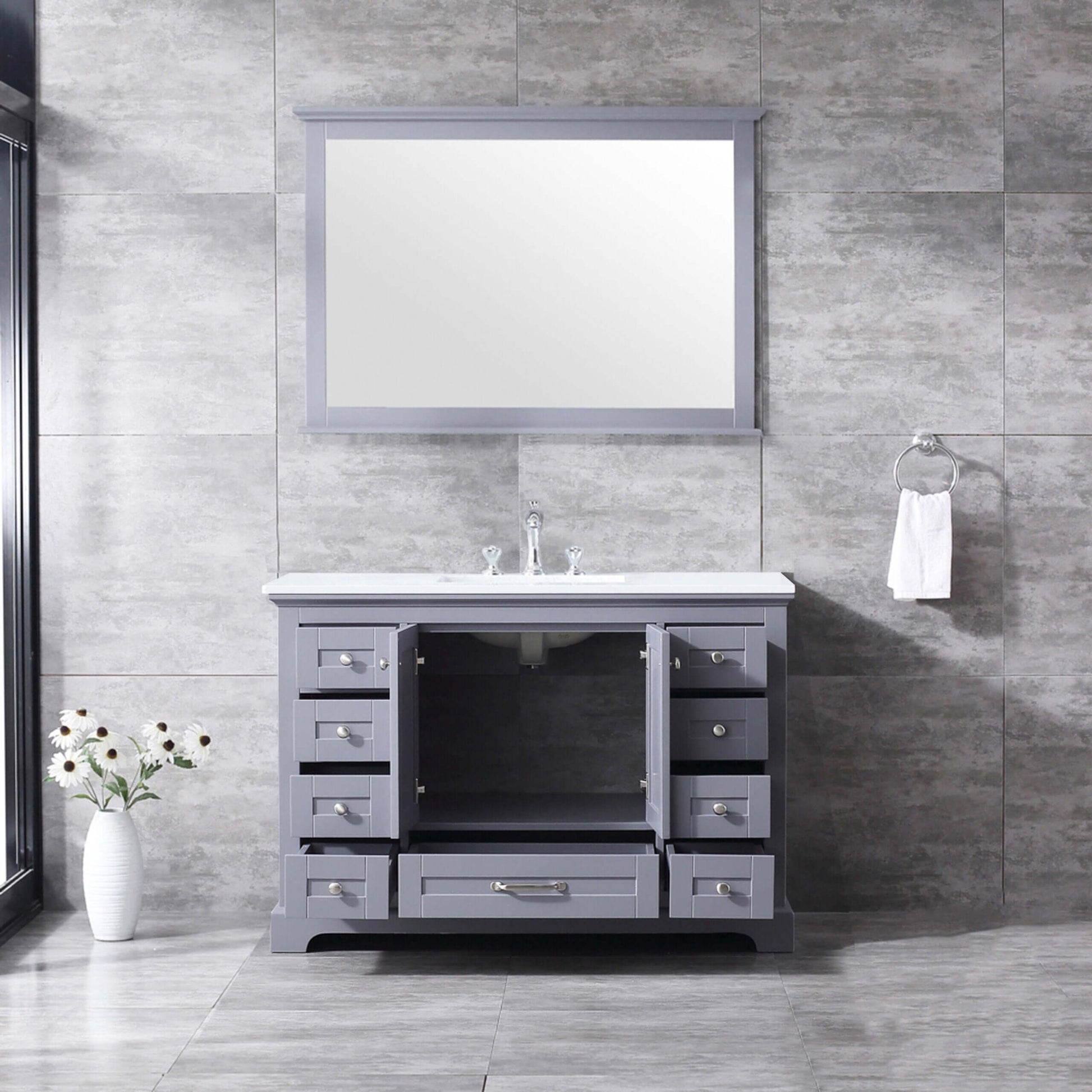 Dukes 48" Dark Grey Single Vanity, White Quartz Top, White Square Sink and 46" Mirror - LD342248SBWQM46