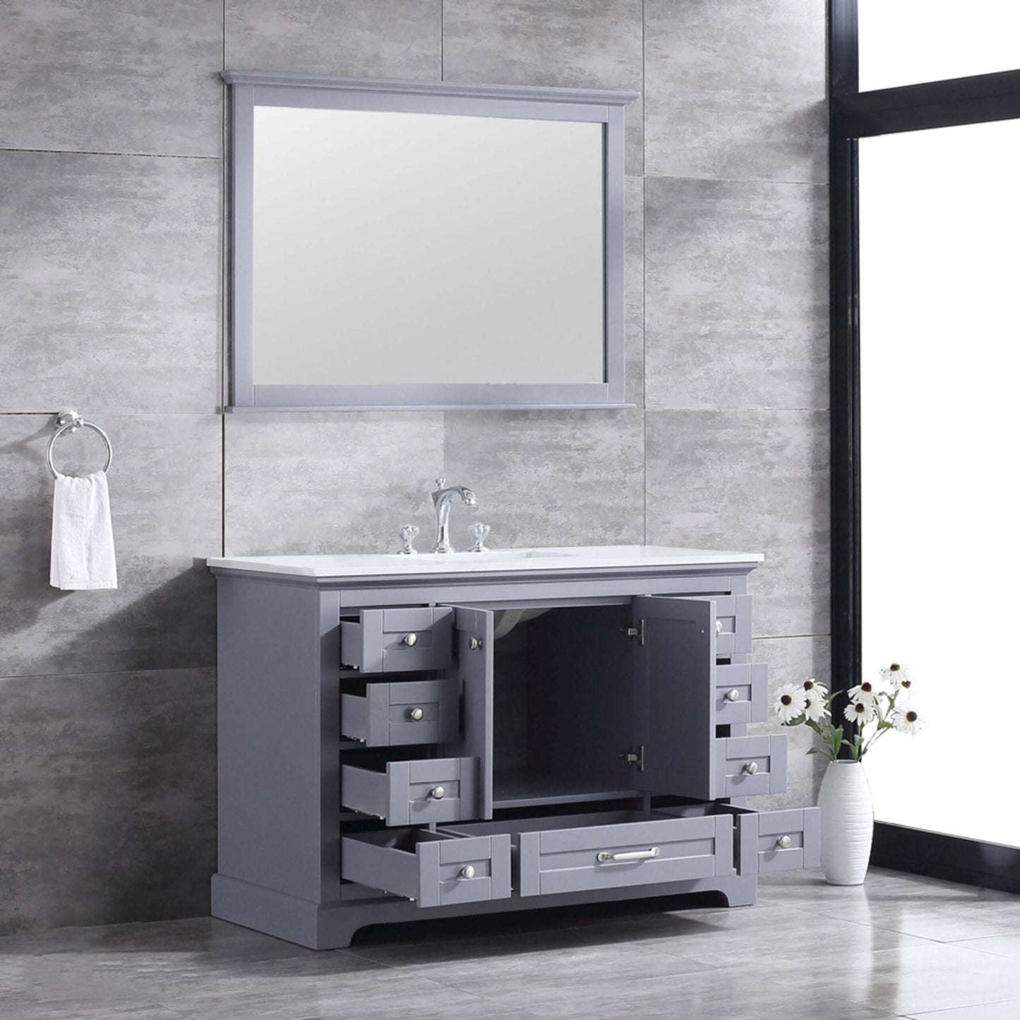 Dukes 48" Dark Grey Single Vanity, White Quartz Top, White Square Sink and 46" Mirror - LD342248SBWQM46