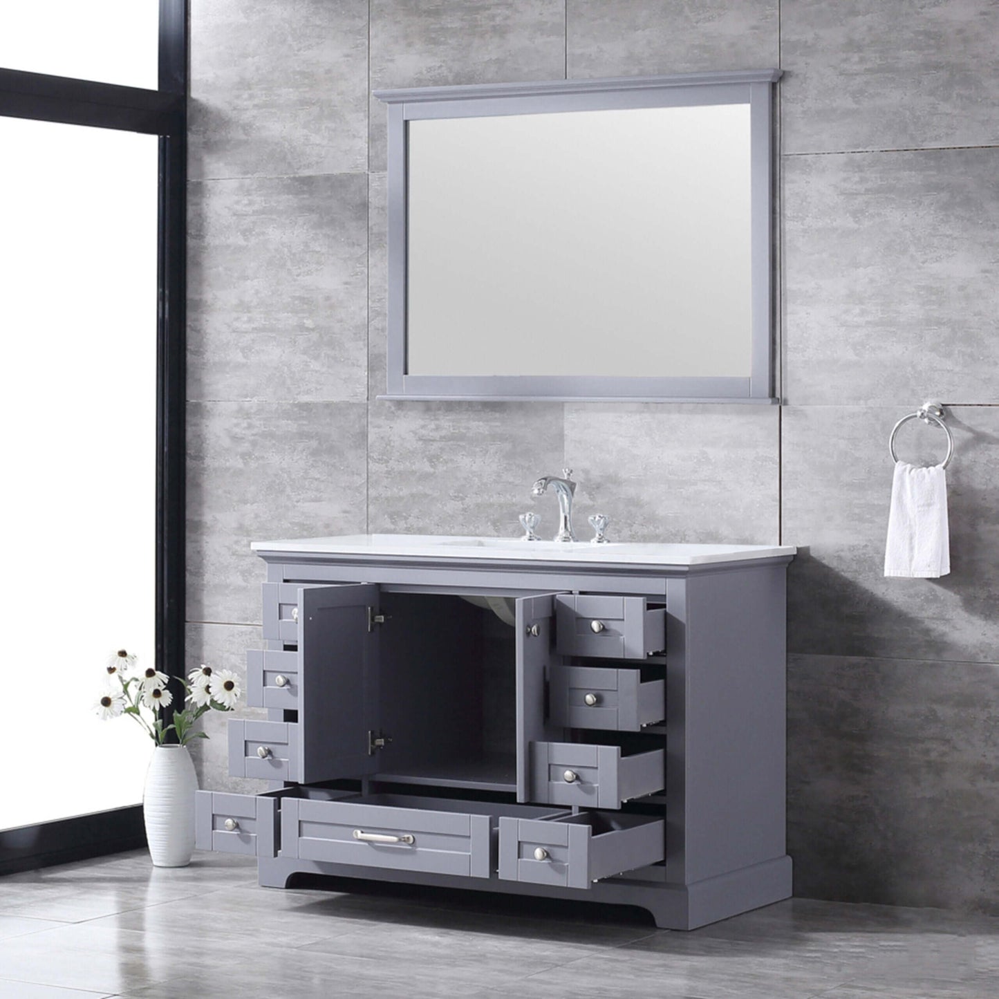 Dukes 48" Dark Grey Single Vanity, White Quartz Top, White Square Sink and 46" Mirror - LD342248SBWQM46