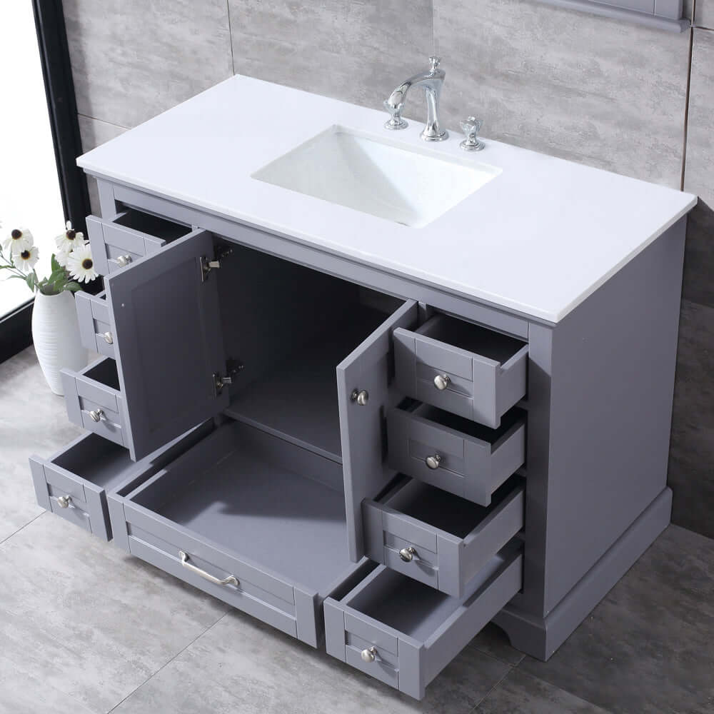 Dukes 48" Dark Grey Single Vanity, White Quartz Top, White Square Sink and 46" Mirror - LD342248SBWQM46