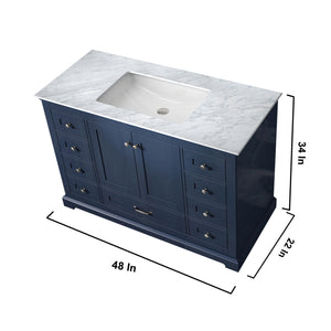 Dukes 48" Navy Blue Single Vanity, White Carrara Marble Top, White Square Sink and no Mirror - LD342248SEDS000