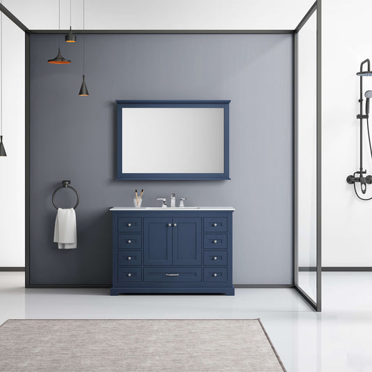 Dukes 48" Navy Blue Single Vanity, White Carrara Marble Top, White Square Sink and 46" Mirror - LD342248SEDSM46