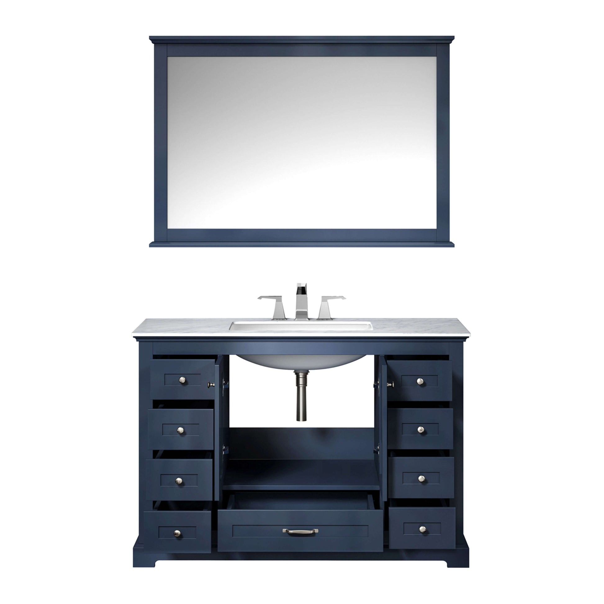 Dukes 48" Navy Blue Single Vanity, White Carrara Marble Top, White Square Sink and 46" Mirror - LD342248SEDSM46