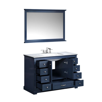 Dukes 48" Navy Blue Single Vanity, White Carrara Marble Top, White Square Sink and 46" Mirror - LD342248SEDSM46