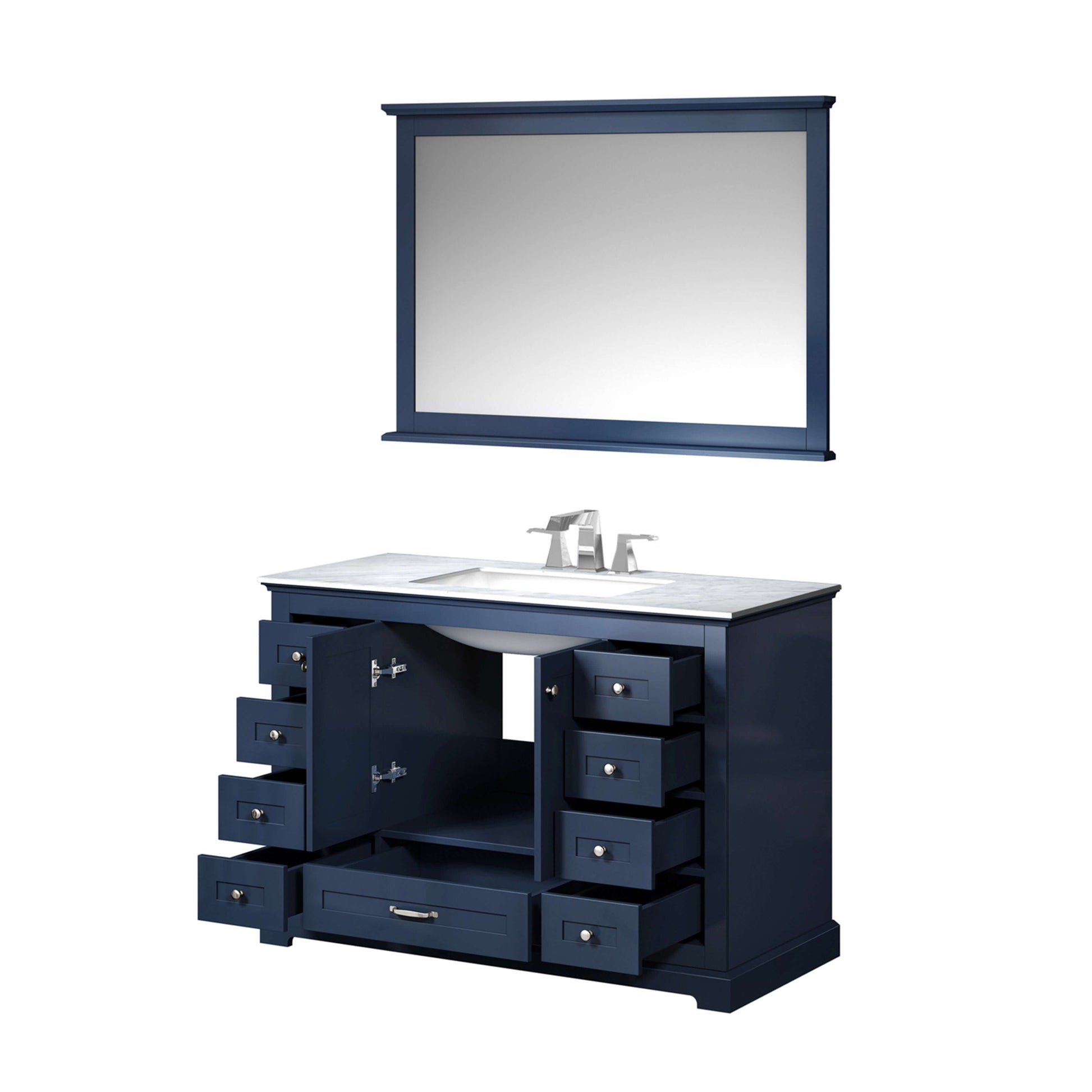 Dukes 48" Navy Blue Single Vanity, White Carrara Marble Top, White Square Sink and 46" Mirror - LD342248SEDSM46