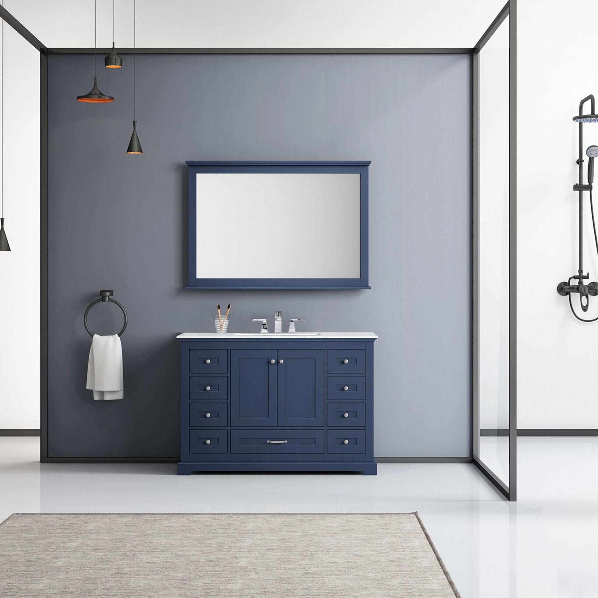 Dukes 48" Navy Blue Single Vanity, White Quartz Top, White Square Sink and 46" Mirror - LD342248SEWQM46