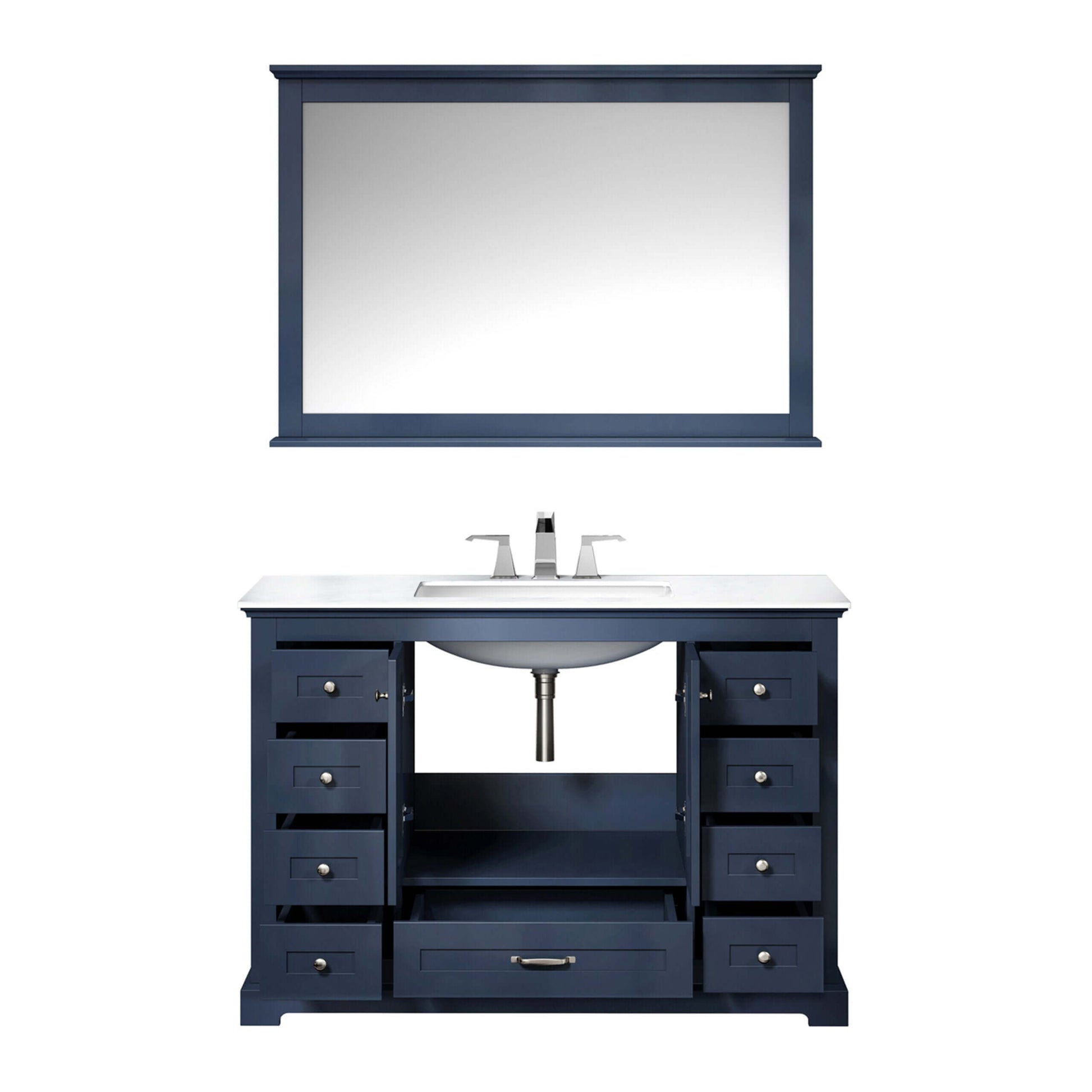 Dukes 48" Navy Blue Single Vanity, White Quartz Top, White Square Sink and 46" Mirror - LD342248SEWQM46