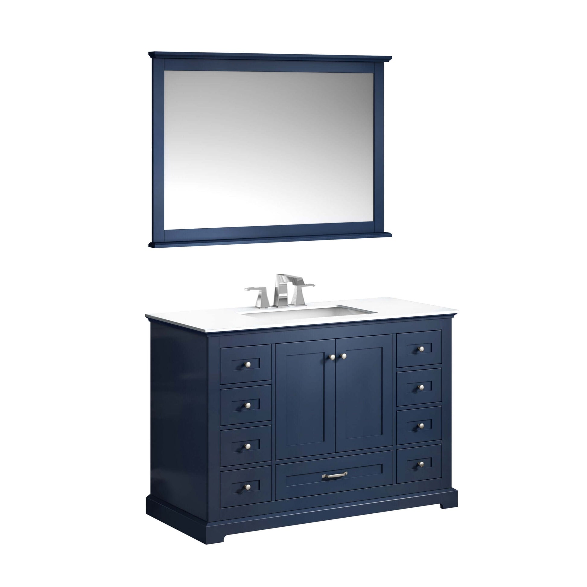 Dukes 48" Navy Blue Single Vanity, White Quartz Top, White Square Sink and 46" Mirror - LD342248SEWQM46