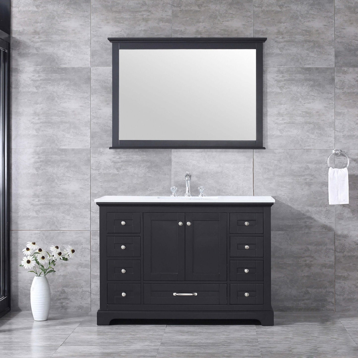 Dukes 48" Espresso Single Vanity, White Quartz Top, White Square Sink and 46" Mirror - LD342248SGWQM46