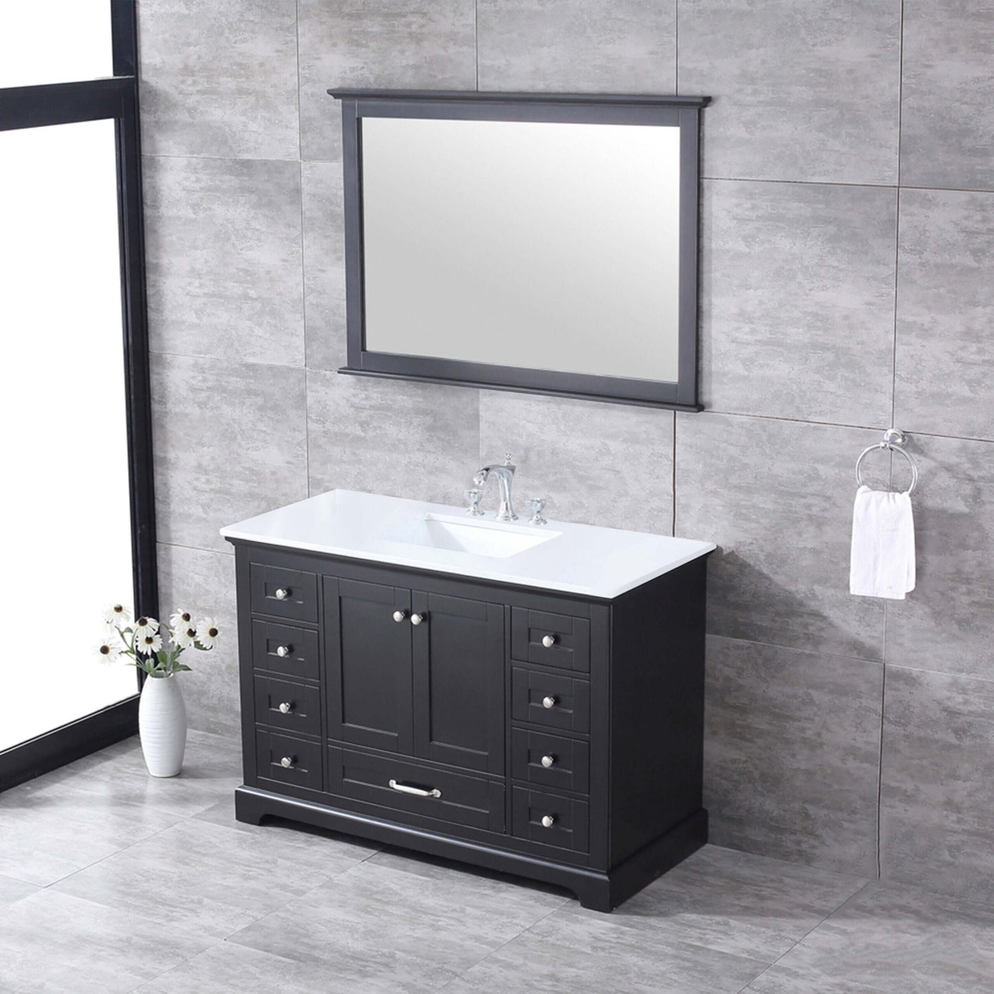 Dukes 48" Espresso Single Vanity, White Quartz Top, White Square Sink and 46" Mirror - LD342248SGWQM46