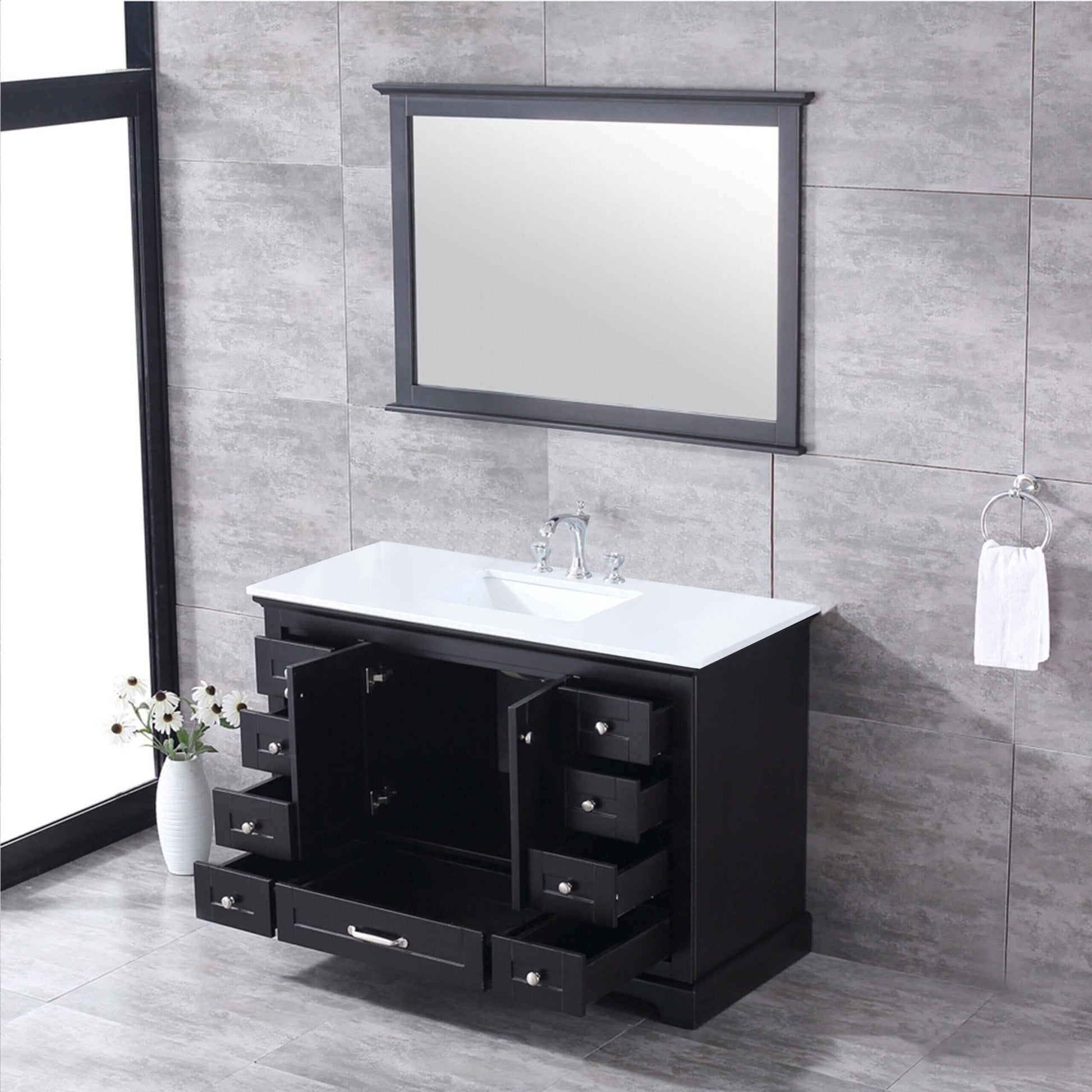 Dukes 48" Espresso Single Vanity, White Quartz Top, White Square Sink and 46" Mirror - LD342248SGWQM46