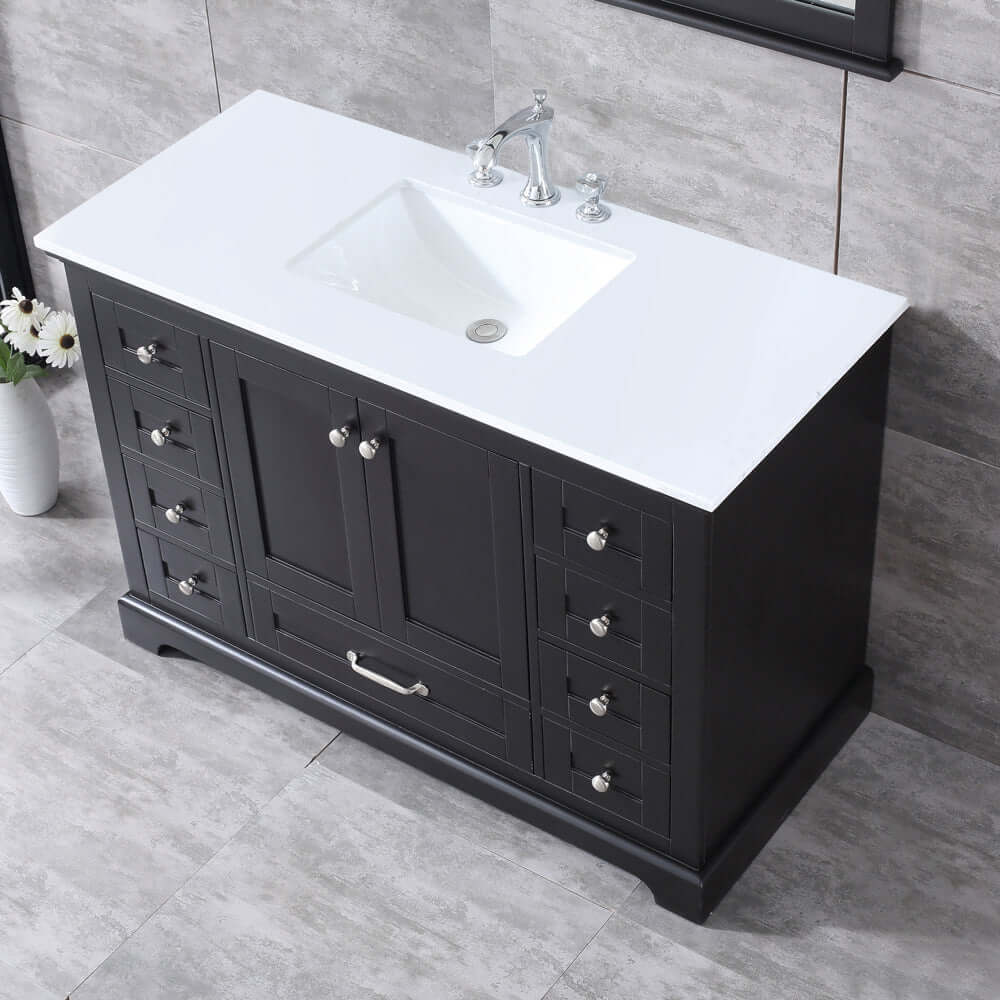 Dukes 48" Espresso Single Vanity, White Quartz Top, White Square Sink and 46" Mirror - LD342248SGWQM46