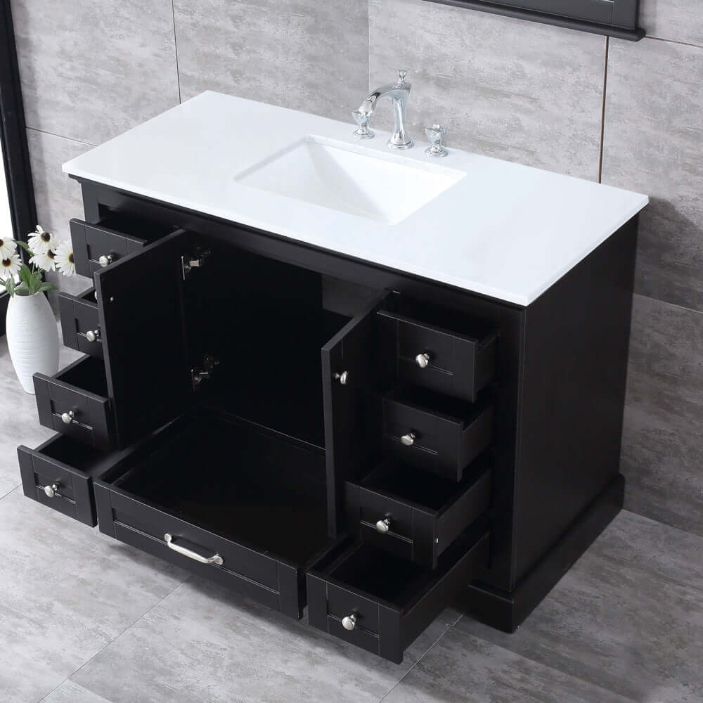 Dukes 48" Espresso Single Vanity, White Quartz Top, White Square Sink and 46" Mirror - LD342248SGWQM46