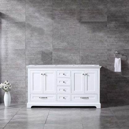 Dukes 60" White Double Vanity, White Carrara Marble Top, White Square Sinks and no Mirror - LD342260DADS000