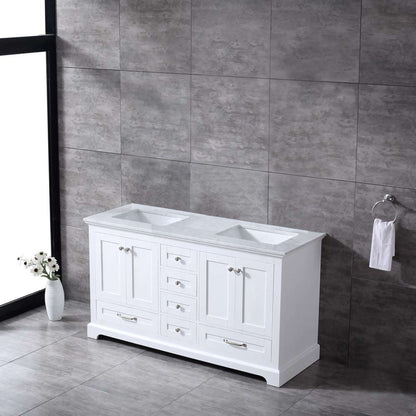 Dukes 60" White Double Vanity, White Carrara Marble Top, White Square Sinks and no Mirror - LD342260DADS000