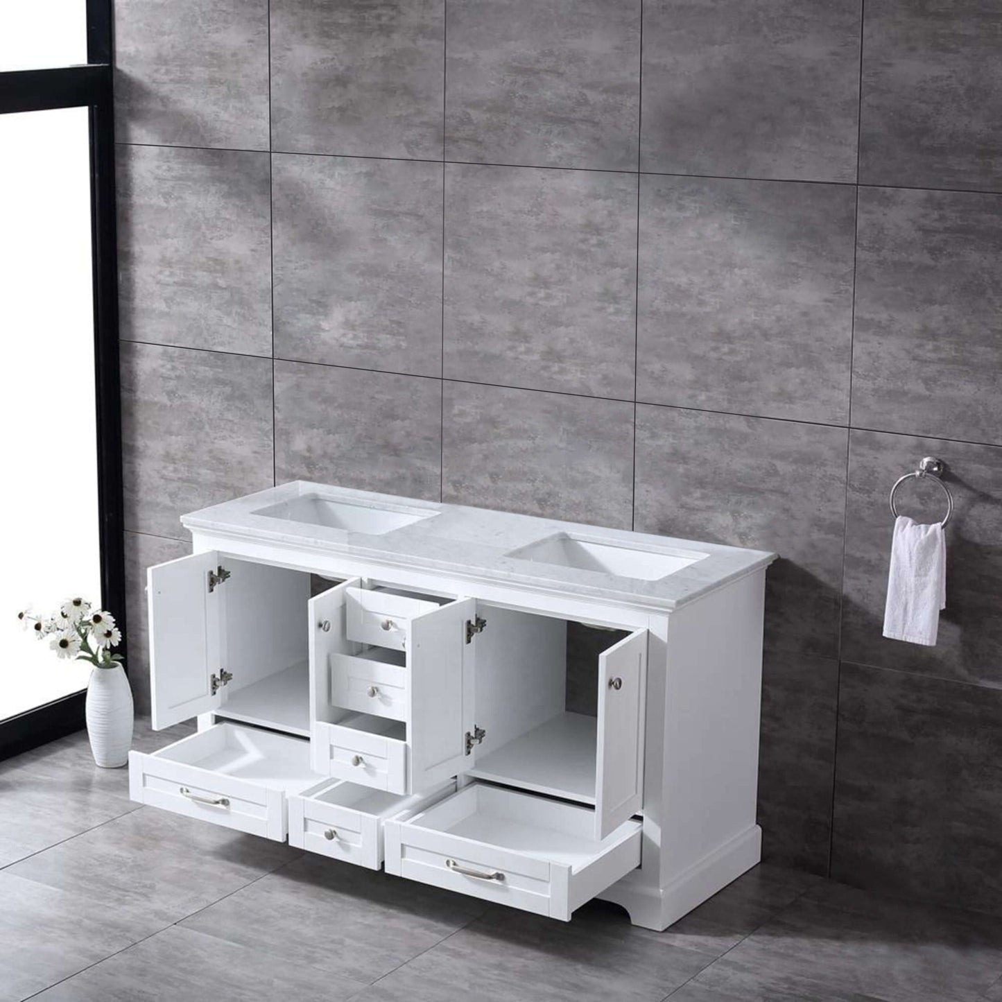 Dukes 60" White Double Vanity, White Carrara Marble Top, White Square Sinks and no Mirror - LD342260DADS000