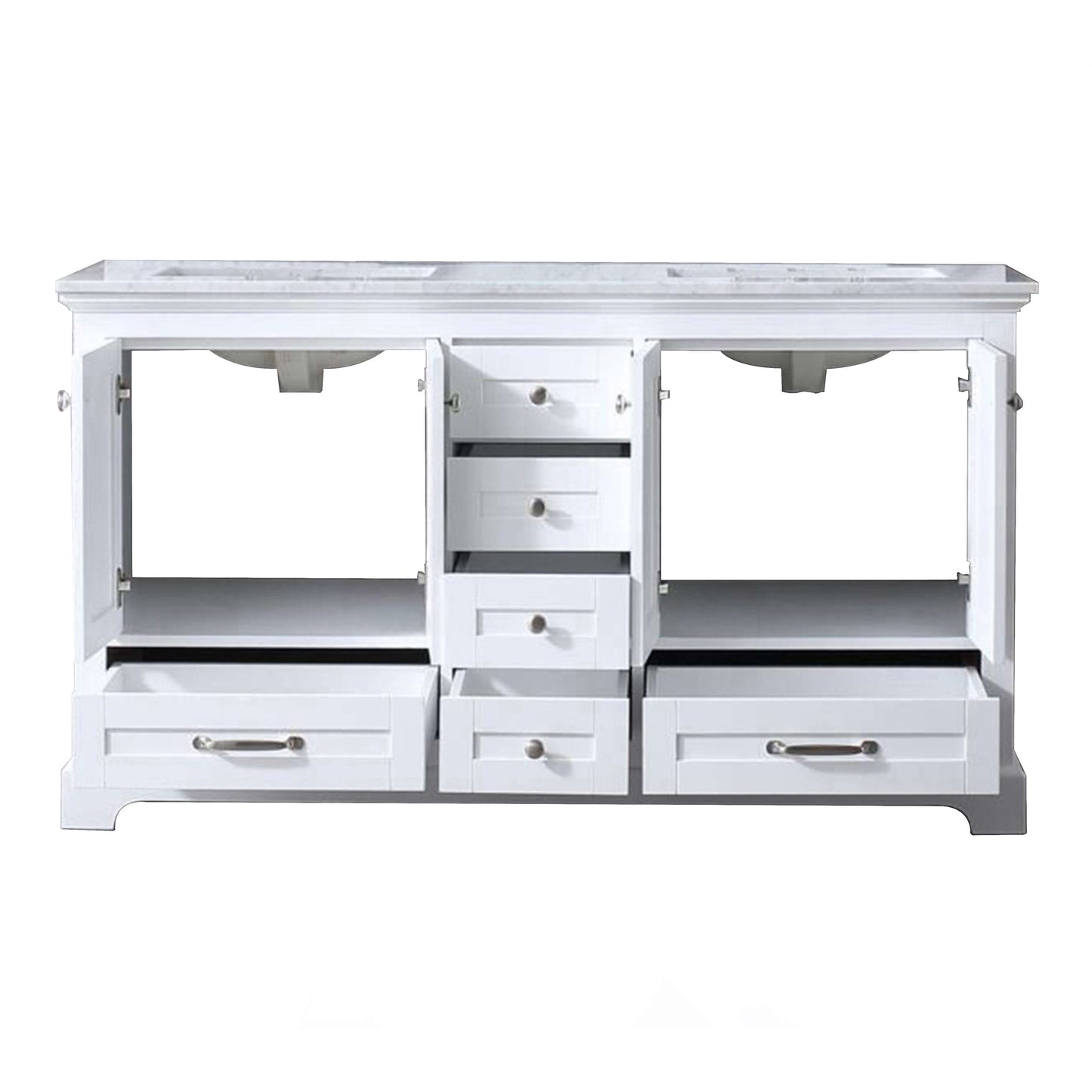 Dukes 60" White Double Vanity, White Carrara Marble Top, White Square Sinks and no Mirror - LD342260DADS000