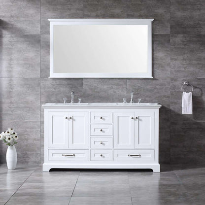 Dukes 60" White Double Vanity, White Carrara Marble Top, White Square Sinks and 58" Mirror - LD342260DADSM58