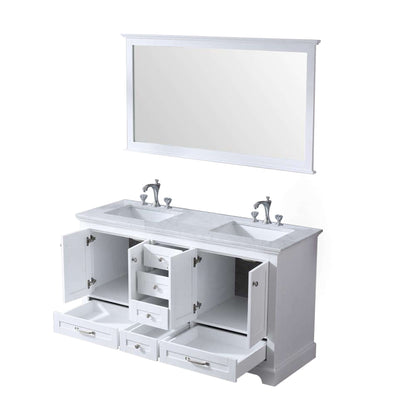 Dukes 60" White Double Vanity, White Carrara Marble Top, White Square Sinks and 58" Mirror - LD342260DADSM58