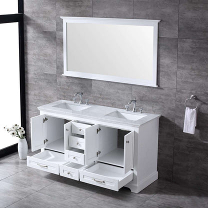 Dukes 60" White Double Vanity, White Carrara Marble Top, White Square Sinks and 58" Mirror - LD342260DADSM58