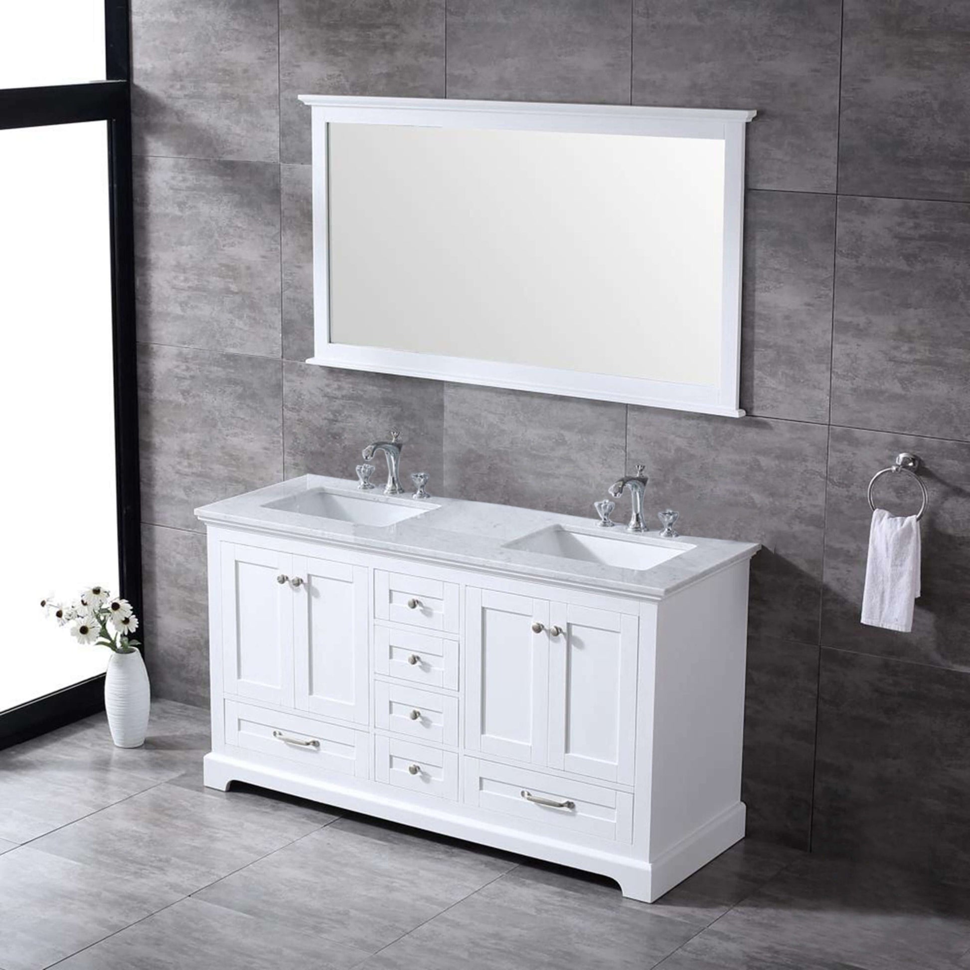 Dukes 60" White Double Vanity, White Carrara Marble Top, White Square Sinks and 58" Mirror - LD342260DADSM58