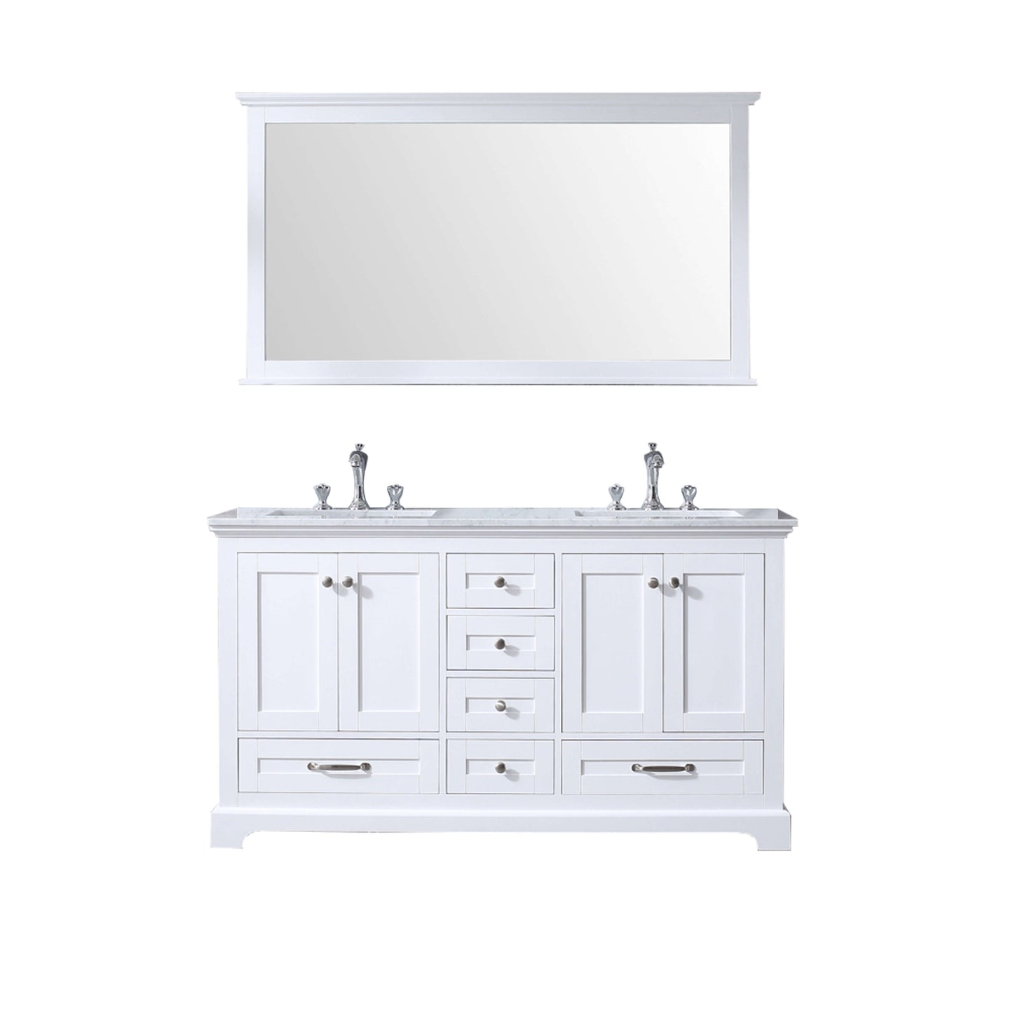 Dukes 60" White Double Vanity, White Carrara Marble Top, White Square Sinks and 58" Mirror - LD342260DADSM58