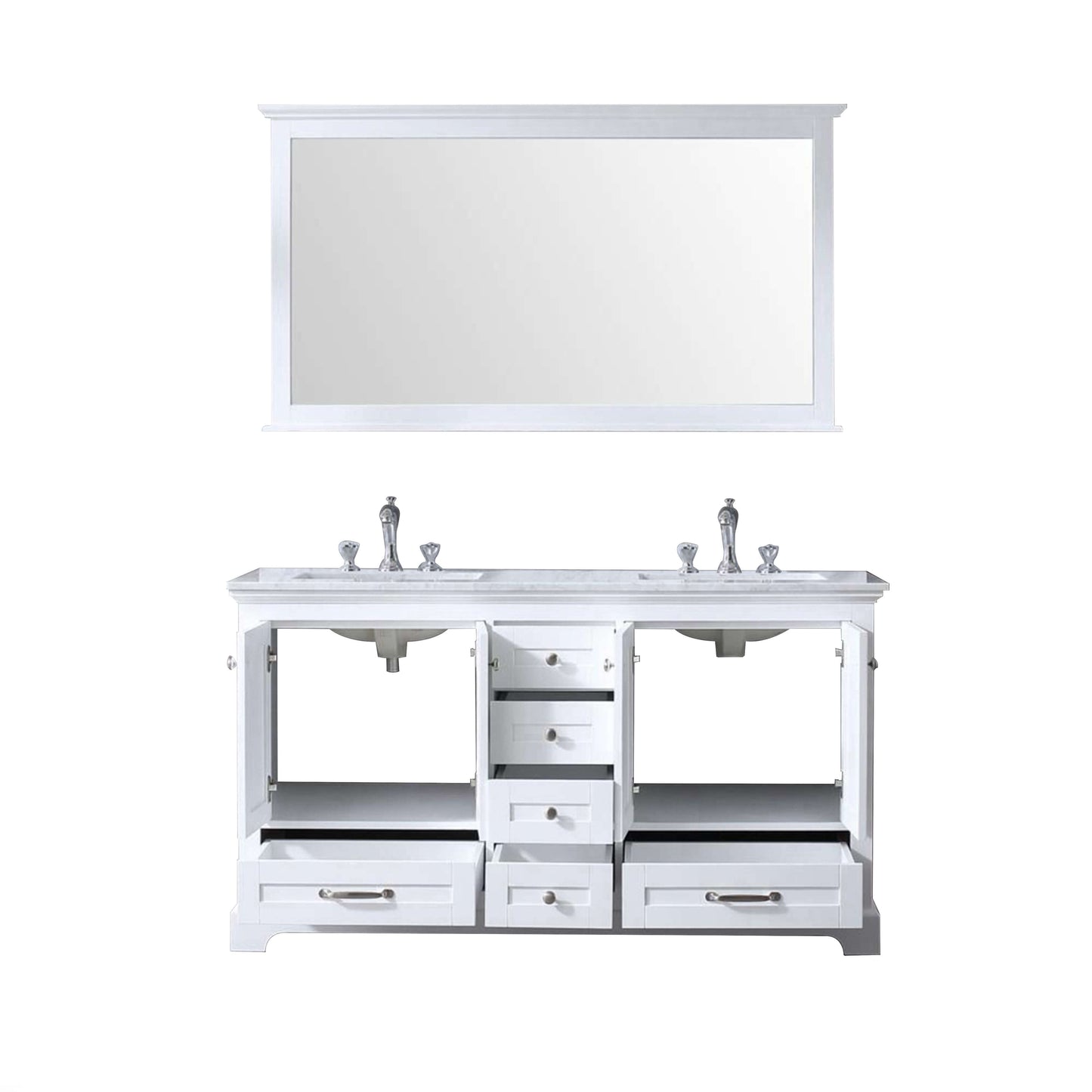 Dukes 60" White Double Vanity, White Carrara Marble Top, White Square Sinks and 58" Mirror - LD342260DADSM58