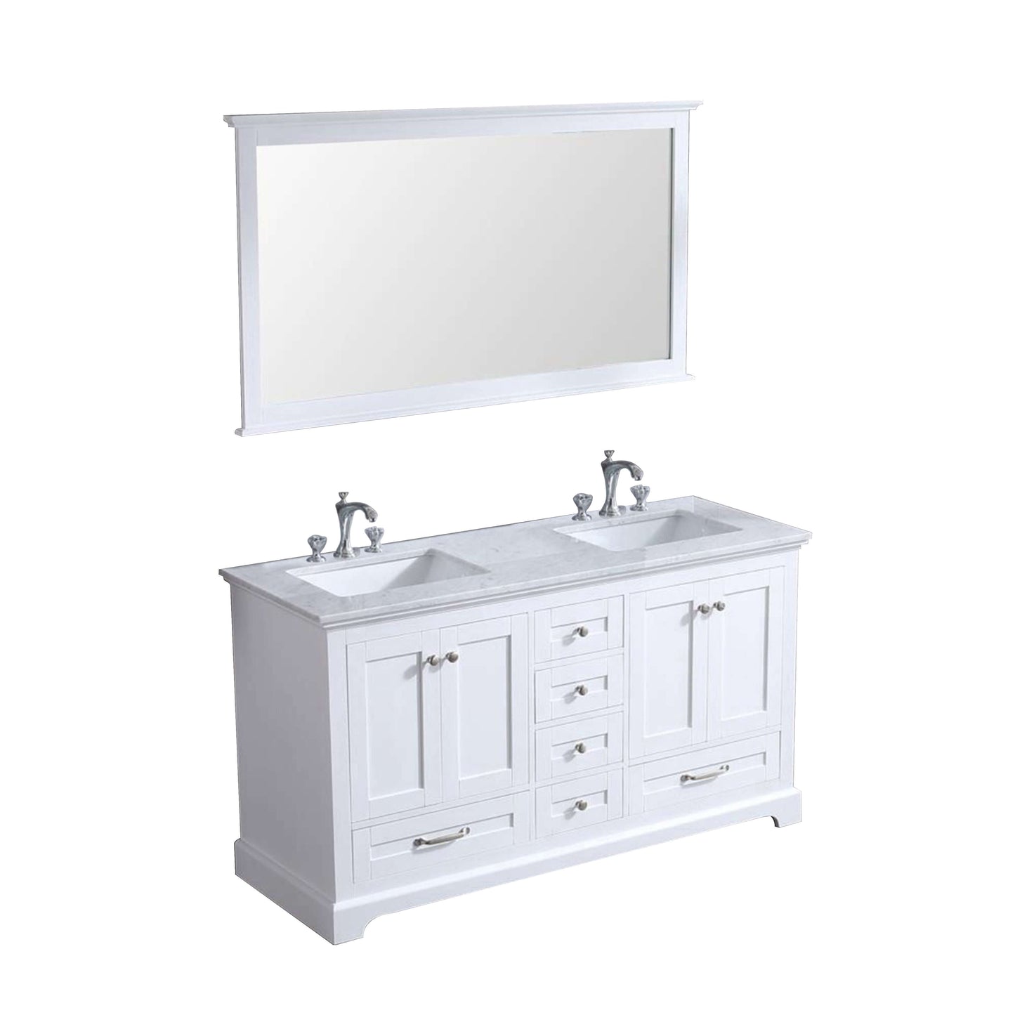 Dukes 60" White Double Vanity, White Carrara Marble Top, White Square Sinks and 58" Mirror - LD342260DADSM58