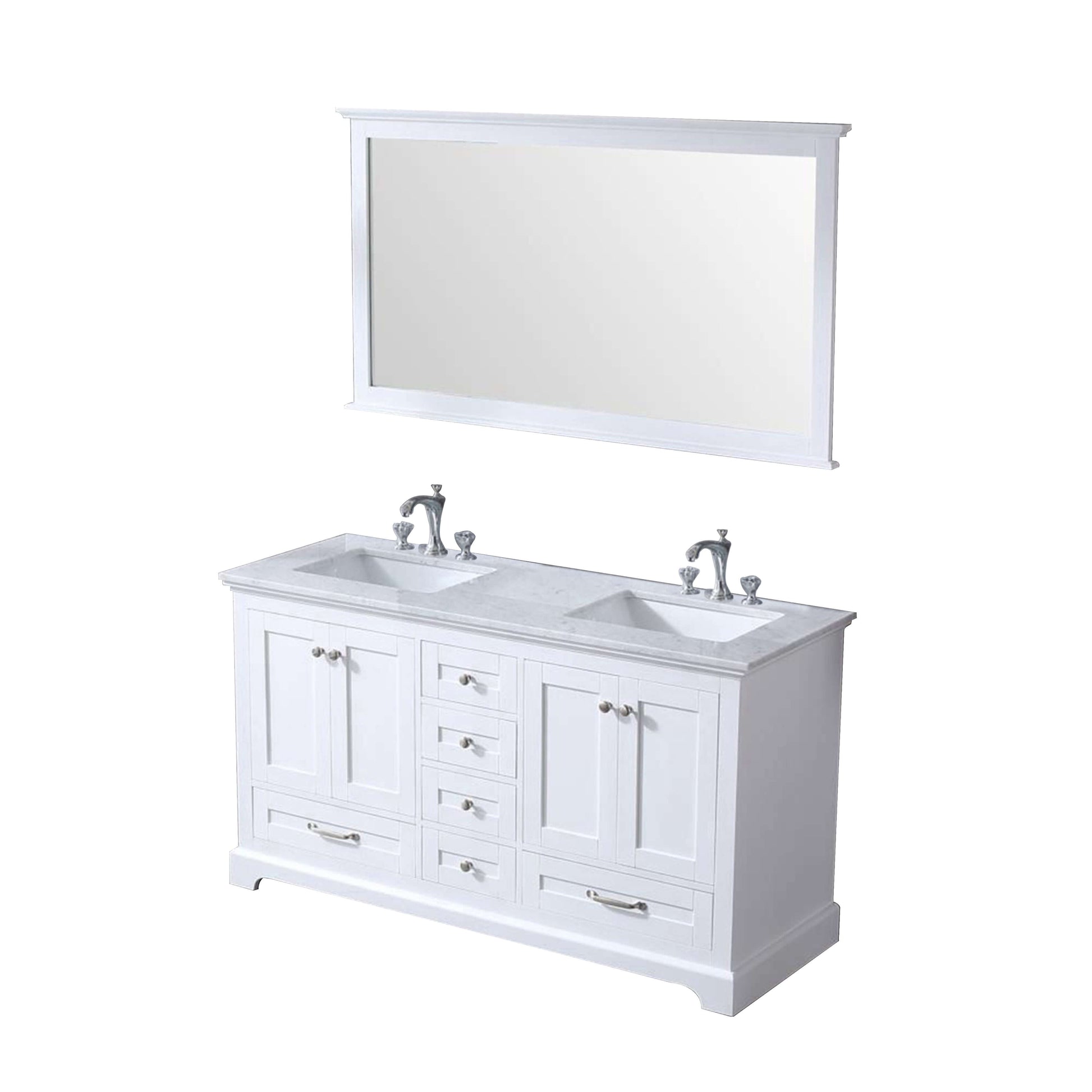 Dukes 60" White Double Vanity, White Carrara Marble Top, White Square Sinks and 58" Mirror - LD342260DADSM58