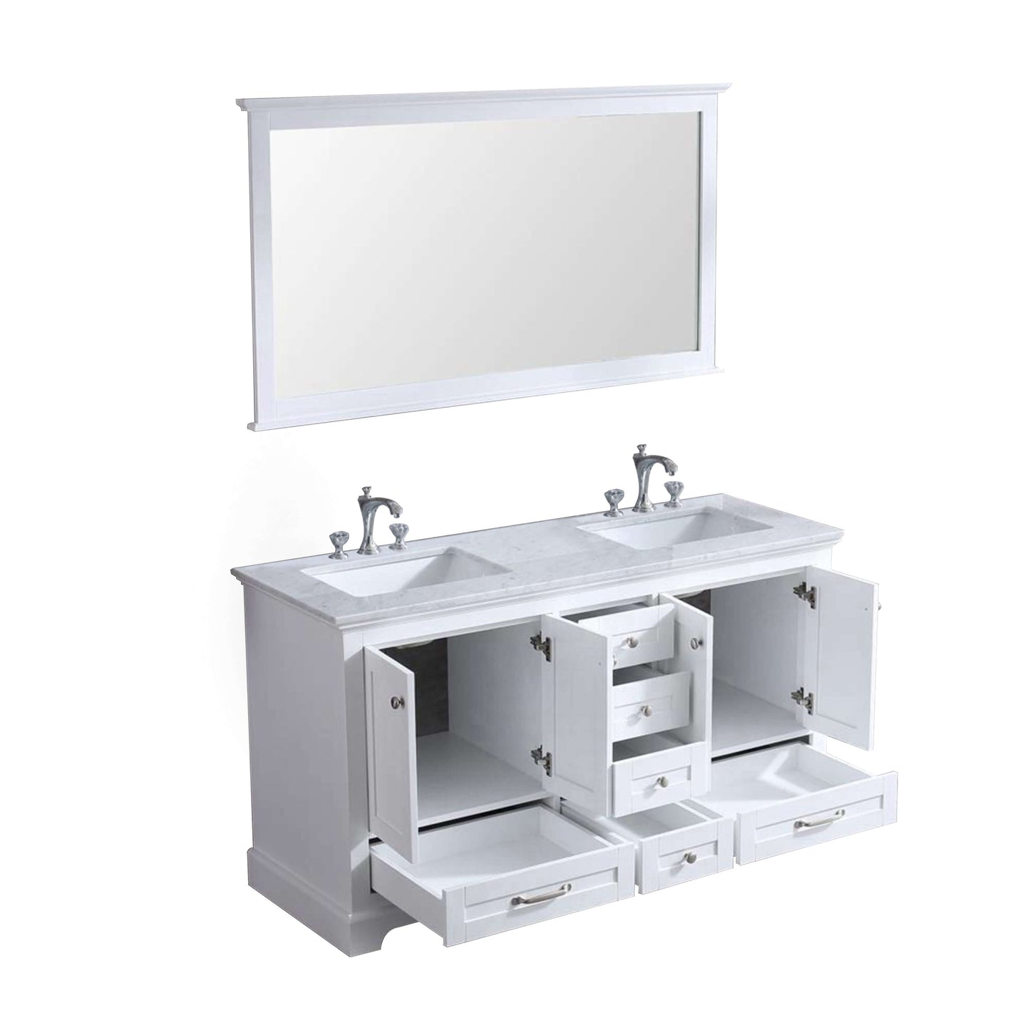 Dukes 60" White Double Vanity, White Carrara Marble Top, White Square Sinks and 58" Mirror - LD342260DADSM58