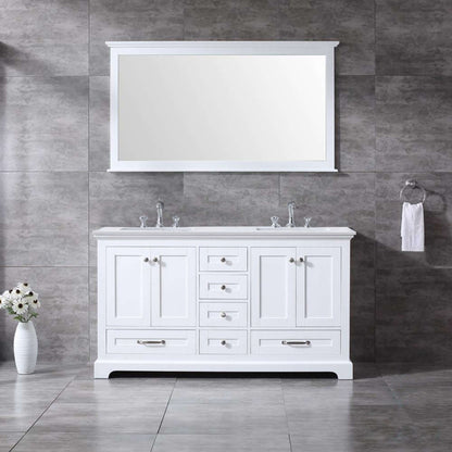 Dukes 60" White Double Vanity, White Quartz Top, White Square Sinks and 58" Mirror - LD342260DAWQM58