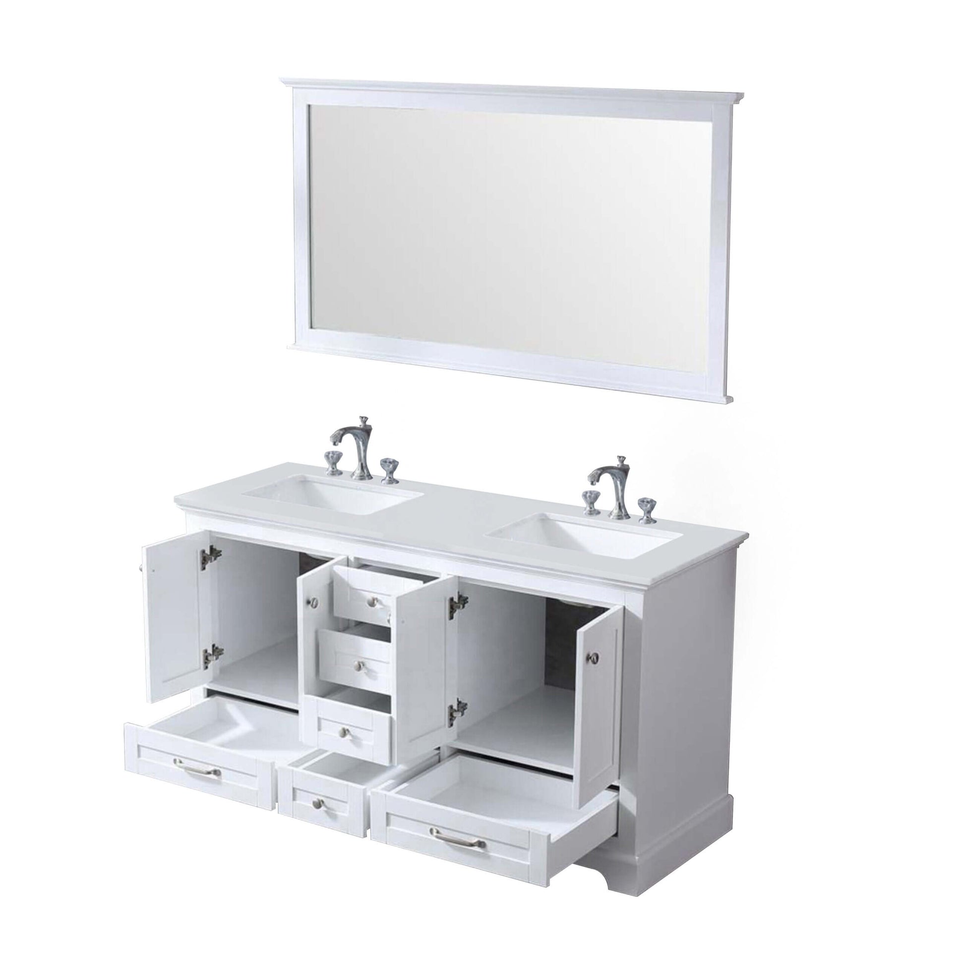 Dukes 60" White Double Vanity, White Quartz Top, White Square Sinks and 58" Mirror - LD342260DAWQM58