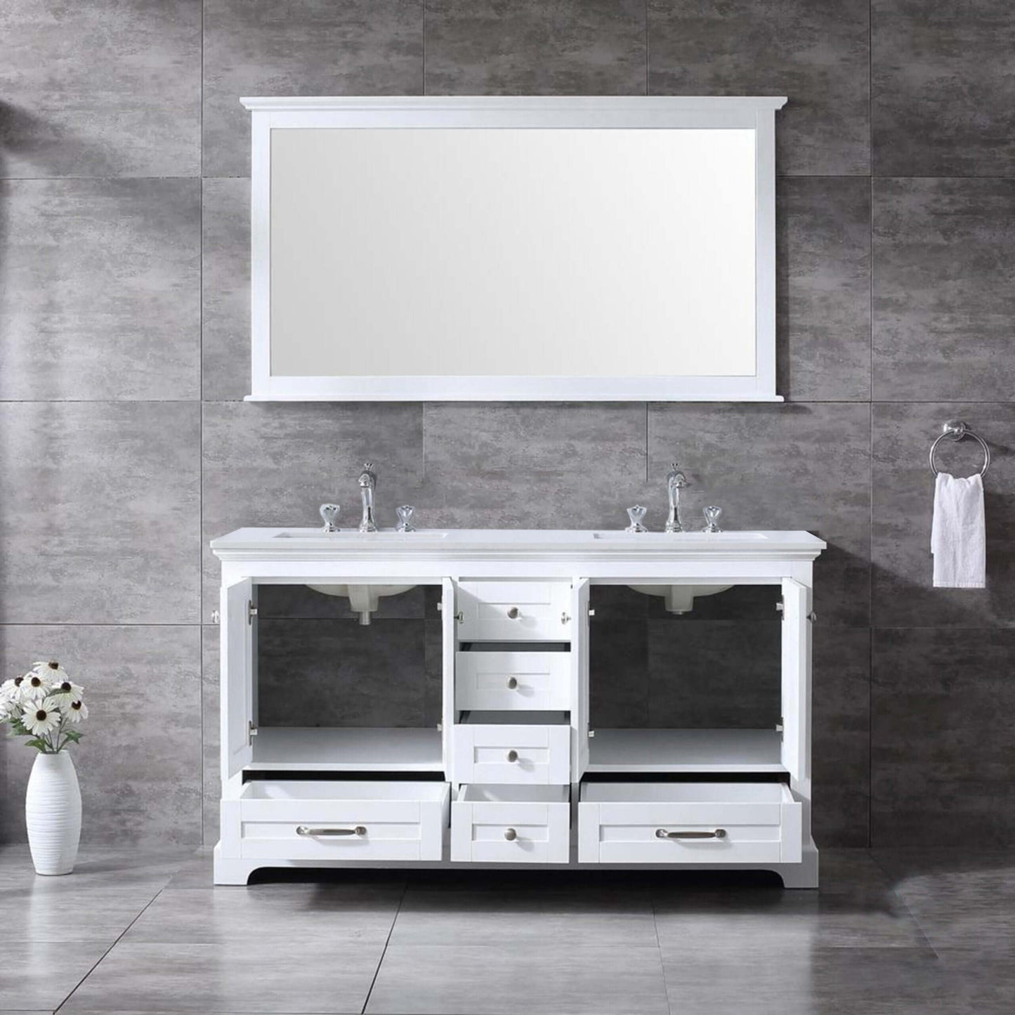 Dukes 60" White Double Vanity, White Quartz Top, White Square Sinks and 58" Mirror - LD342260DAWQM58