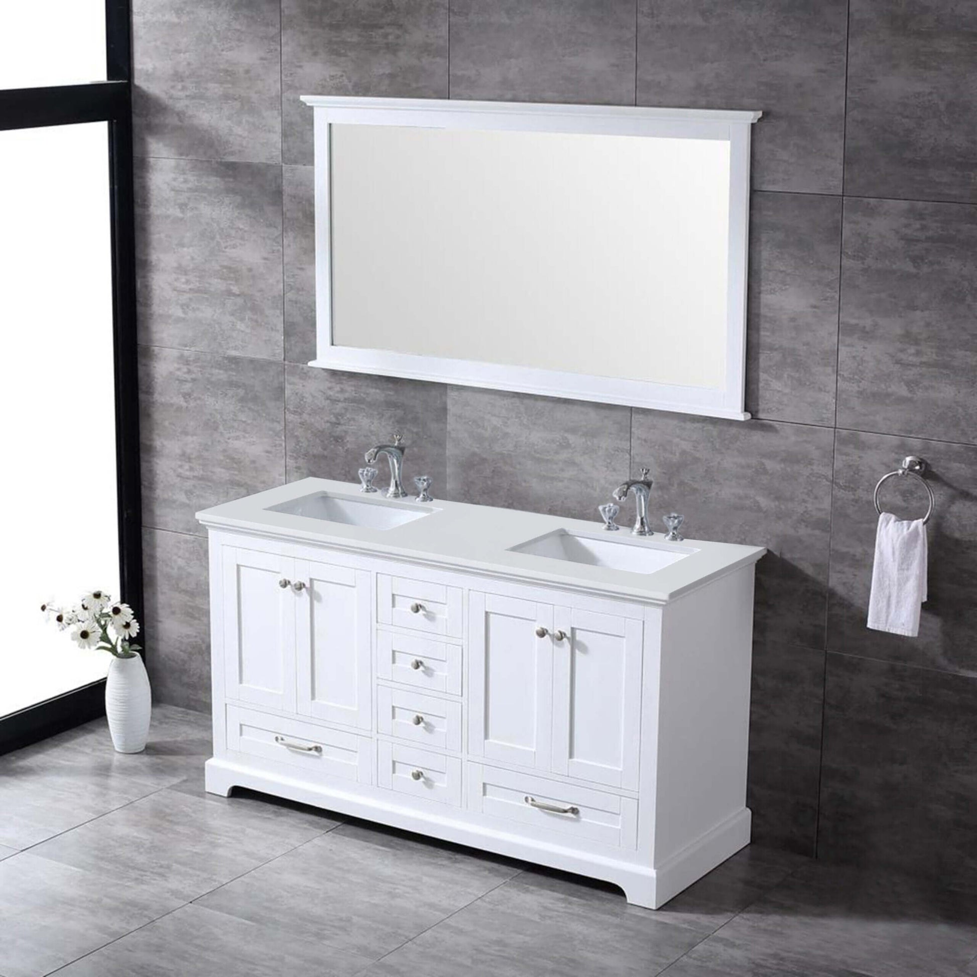 Dukes 60" White Double Vanity, White Quartz Top, White Square Sinks and 58" Mirror - LD342260DAWQM58