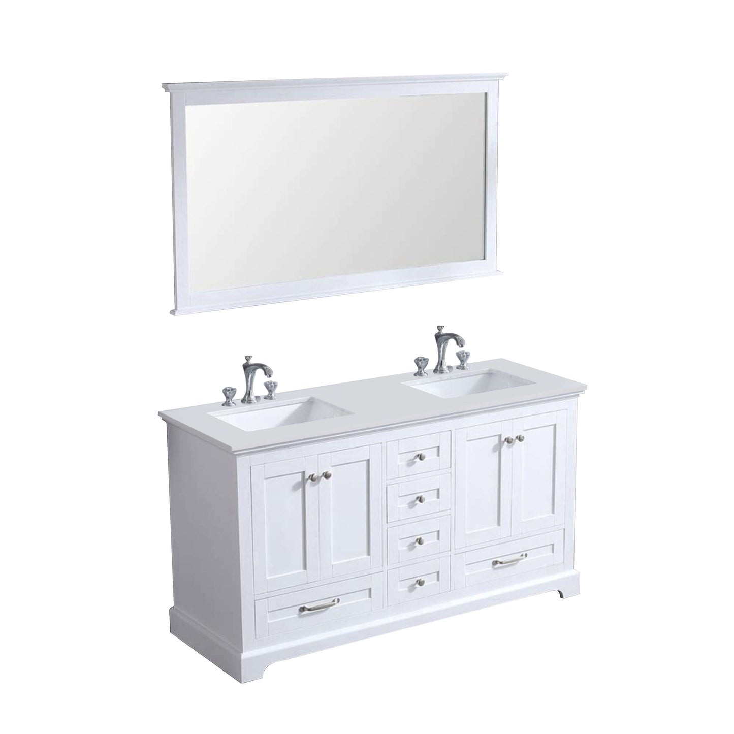 Dukes 60" White Double Vanity, White Quartz Top, White Square Sinks and 58" Mirror - LD342260DAWQM58