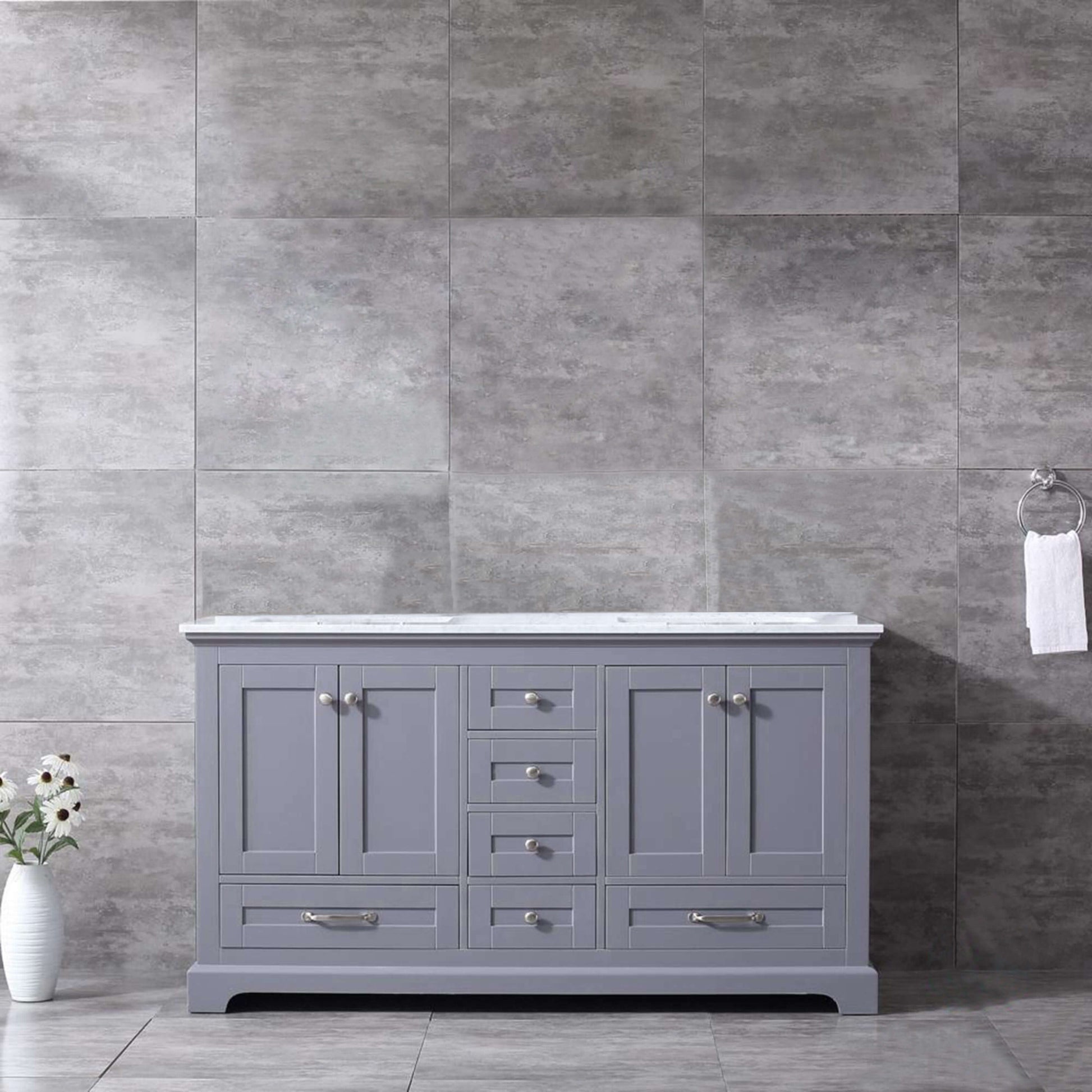 Dukes 60" Dark Grey Double Vanity, White Carrara Marble Top, White Square Sinks and no Mirror - LD342260DBDS000