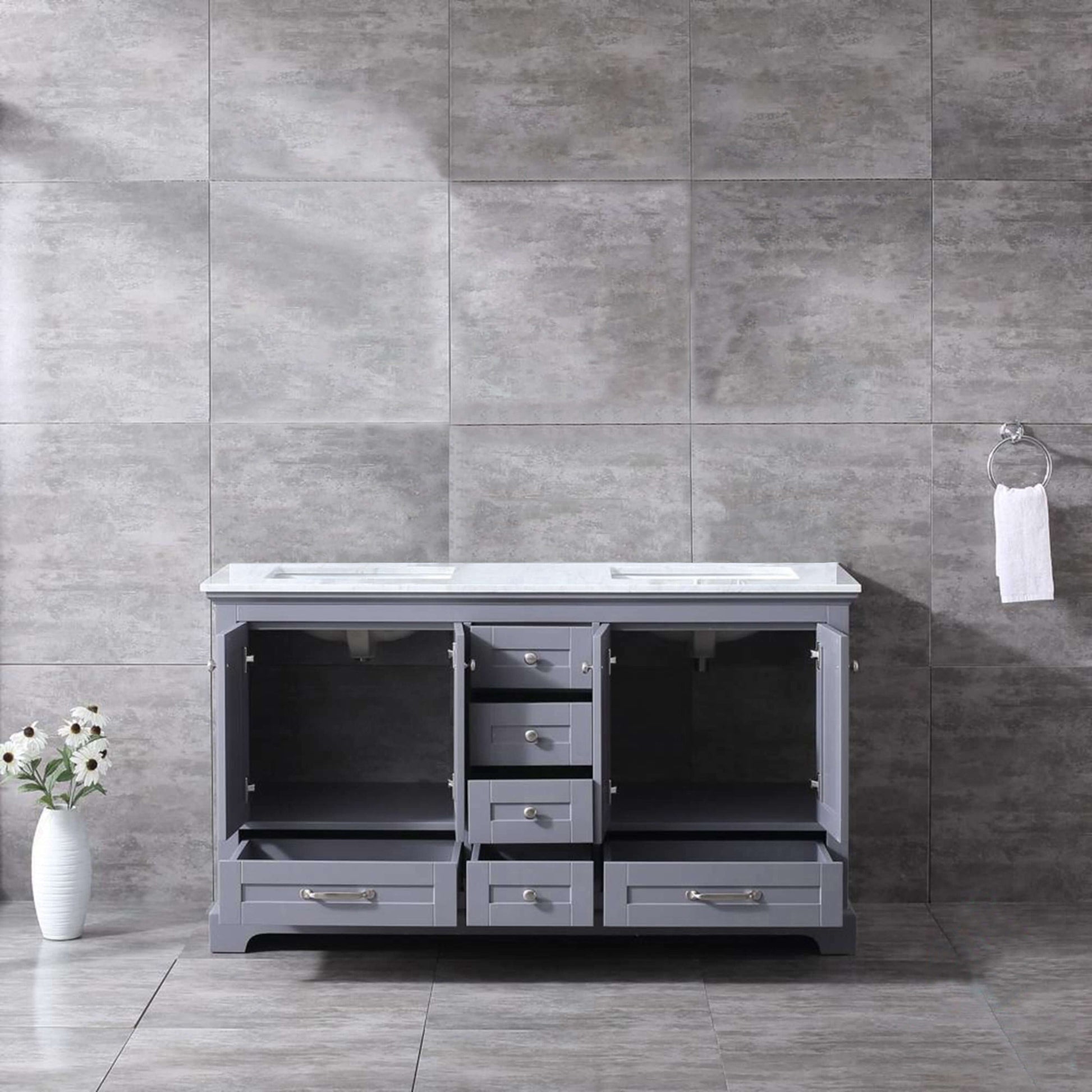 Dukes 60" Dark Grey Double Vanity, White Carrara Marble Top, White Square Sinks and no Mirror - LD342260DBDS000